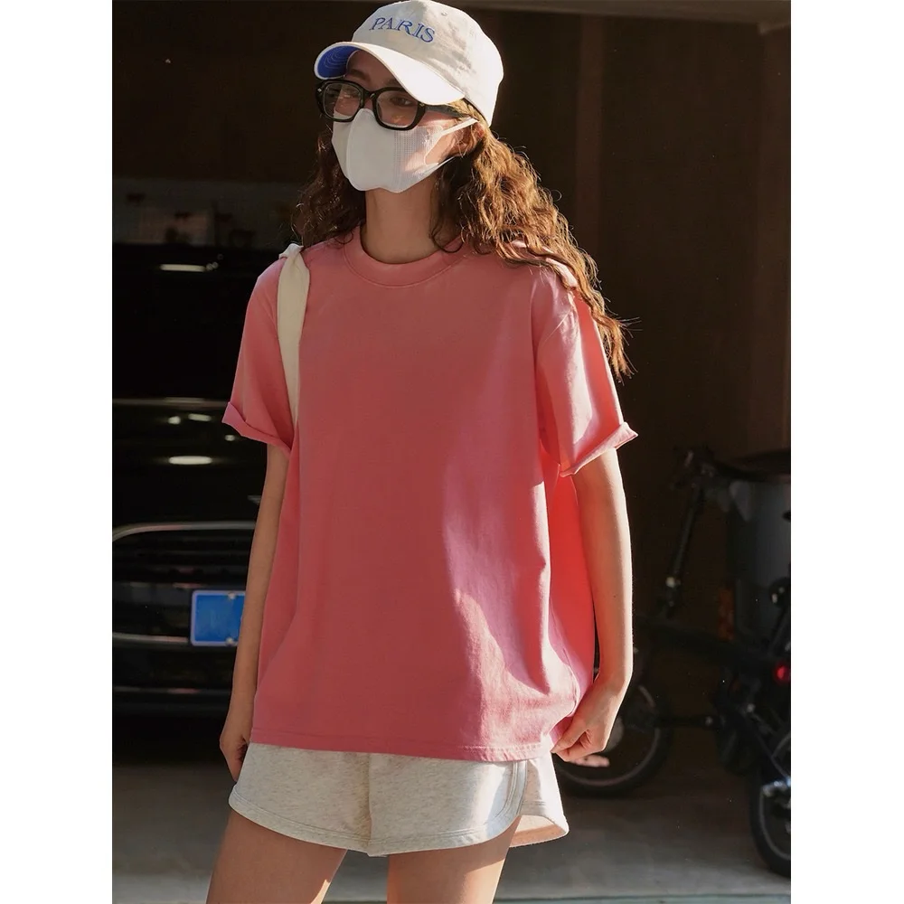 Summer women's casual solid color round neck short sleeved loose fitting T-shirt