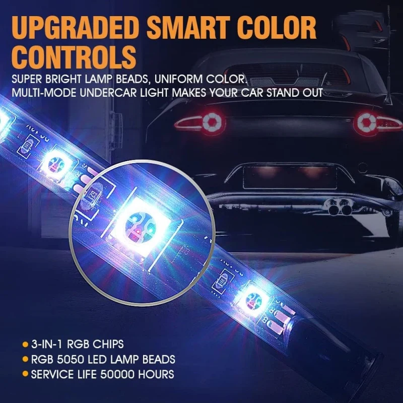 Six Dream Color 12V LED Tubes with High Waterproofing for Car Low Light Music Application Control