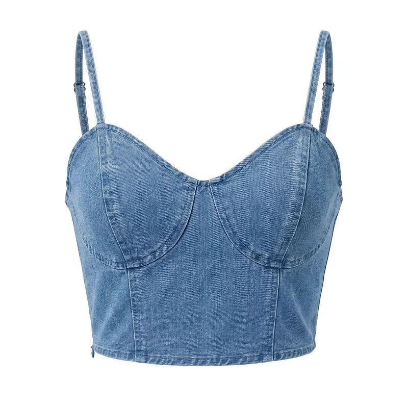UOOZEE Women Denim Spaghetti Strap Sexy Corset Crop Top Sweetheart Neck Contrast Stitch Bustier Sleeveless Camisole Tank Tops