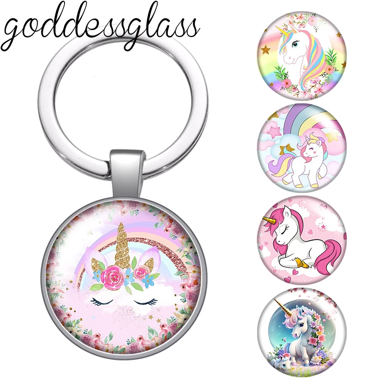 

New Cute Rainbow Unicorn Cartoon Flowers Pink glass cabochon keychain Bag Car key chain Ring Holder Charms keychains for Gifts