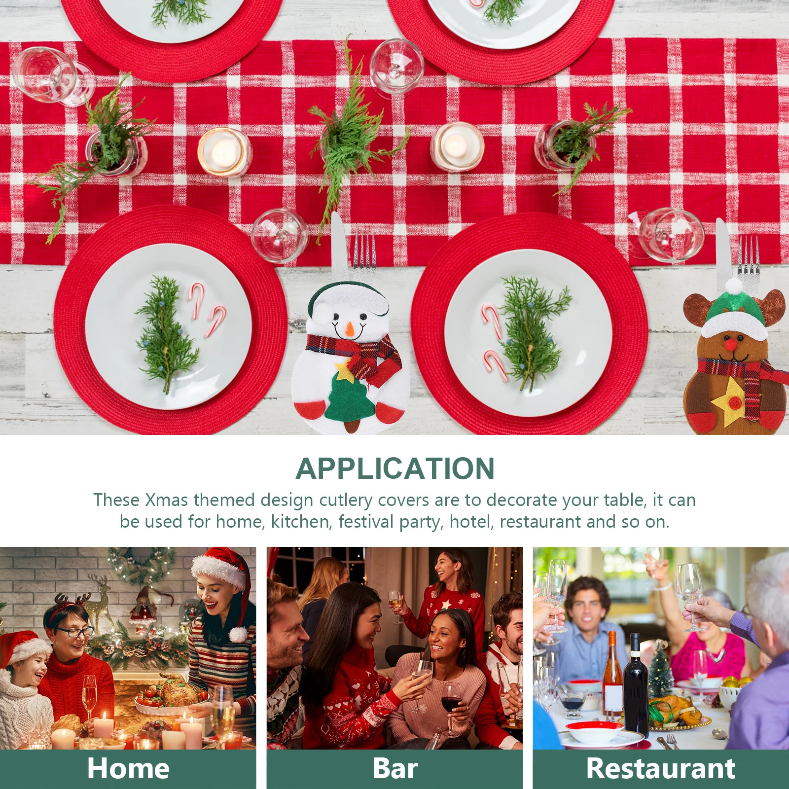 

6Pcs Silverware Holders Cutlery Bags Christmas Tableware Organizer with Fun Elk Santa Snowman Print Party Table Decoration