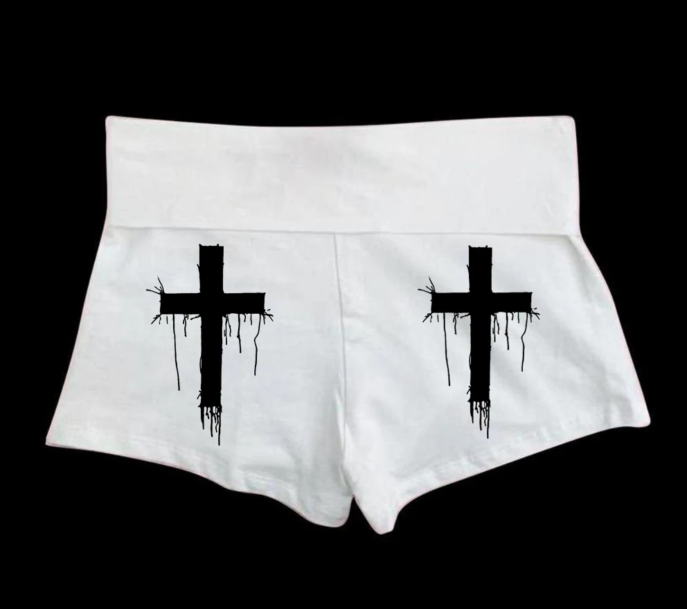 Womens Y2K Gothic Shorts Angel Letter Cross Print High Waist Stretch Booty Shorts Retro Punk Slim Fit Casual Streetwear Bottoms