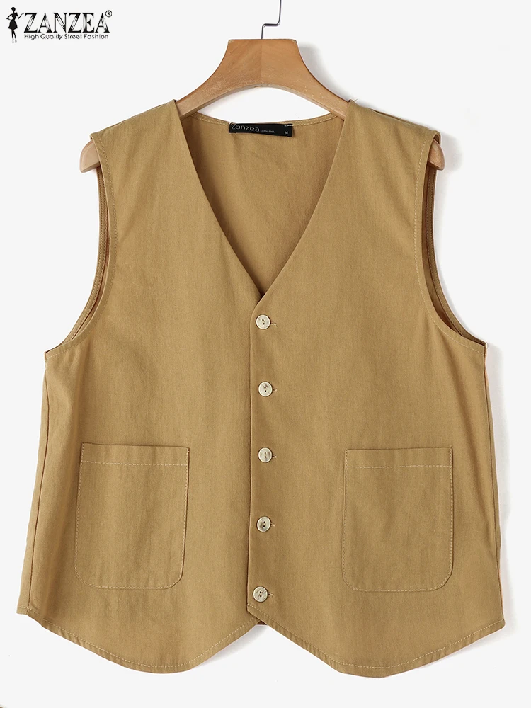 ZANZEA Women Korean Fashion Vests Vintage Sleeveless Tank Coats 2024 Autumn Solid Color Waistcoat Holiday V-neck Tops Outfits