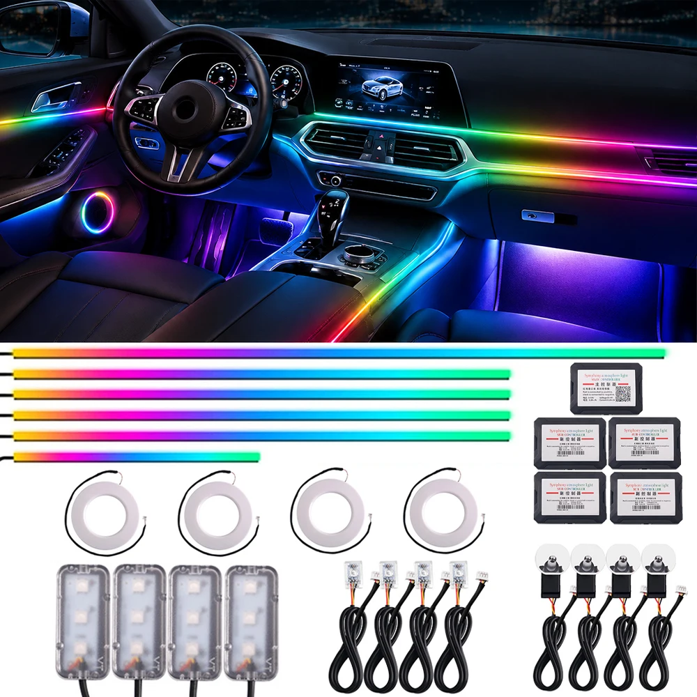

22 In 1 Car LED Ambient Lights RGB 64 Color Universal LED Interior Hidden Acrylic Strip Symphony Atmosphere Lamp APP Full Colors