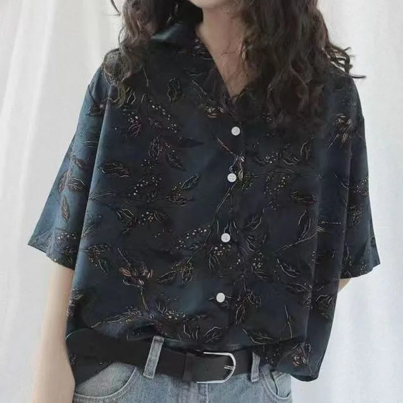 Women\'s Vintage Loose Printed Single-breasted Shirt Summer Female Clothing Fashion Casual Short Sleeve Turn-down Collar Blouse