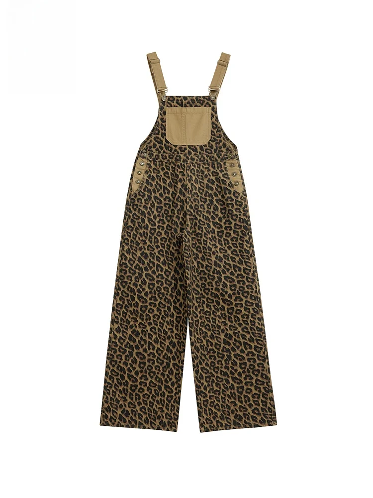 

Autumn Winter Leopard Print Denim Overalls Women's Loose Drape Wide Leg Jumpsuit Street Sle High Waist Cotton Fabric