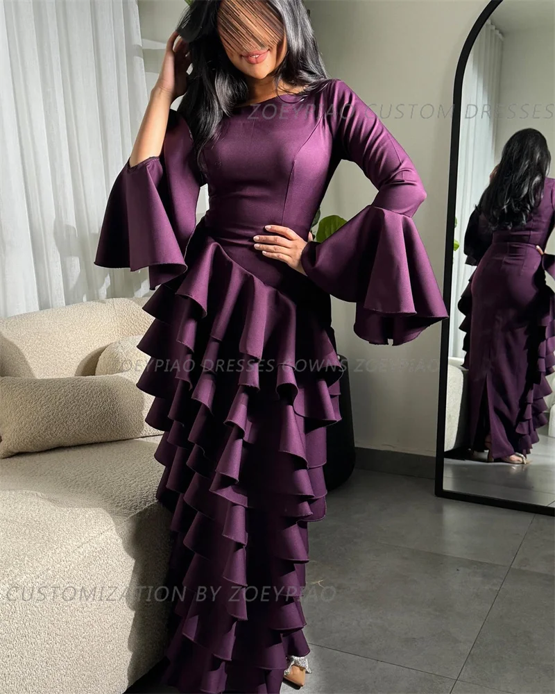 Dark Purple Tiered Satin Formal Event Dubai Occasion Dresses 2024 O Neck Long Sleeves Evening Party Gowns فساتين الحفلات