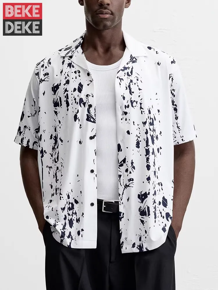 

Hot Sale New Style Summer Mens Leaf Printed Elastic Shirts Short Sleeve Turndown Collar Single Breasted Comfortable Daily Tops