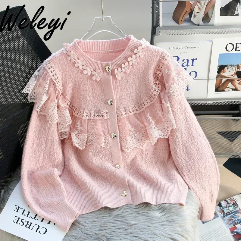 Sweet Lace Ruffle Edge Pink Sweater Cardigans Female Autumn 2024 New Popular Beautiful Women's Love Buckets Short Knitted Coat