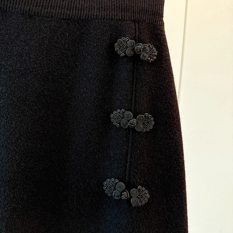 Gonna longuette lavorata a maglia a vita alta con dettaglio bottoni Misto cotone poliestere A-Line Silhouette Thiened Casual Sle per donna