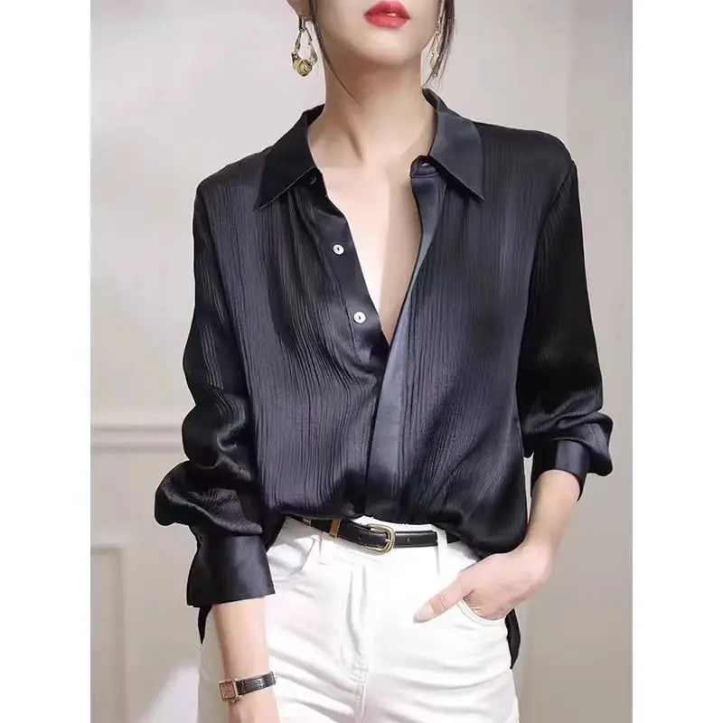 

Women's Shirts Spring New Black Satin Texture Loose Long-sleeved Blouse Elegant Office Lady Work Wear Fashion Female Clothing