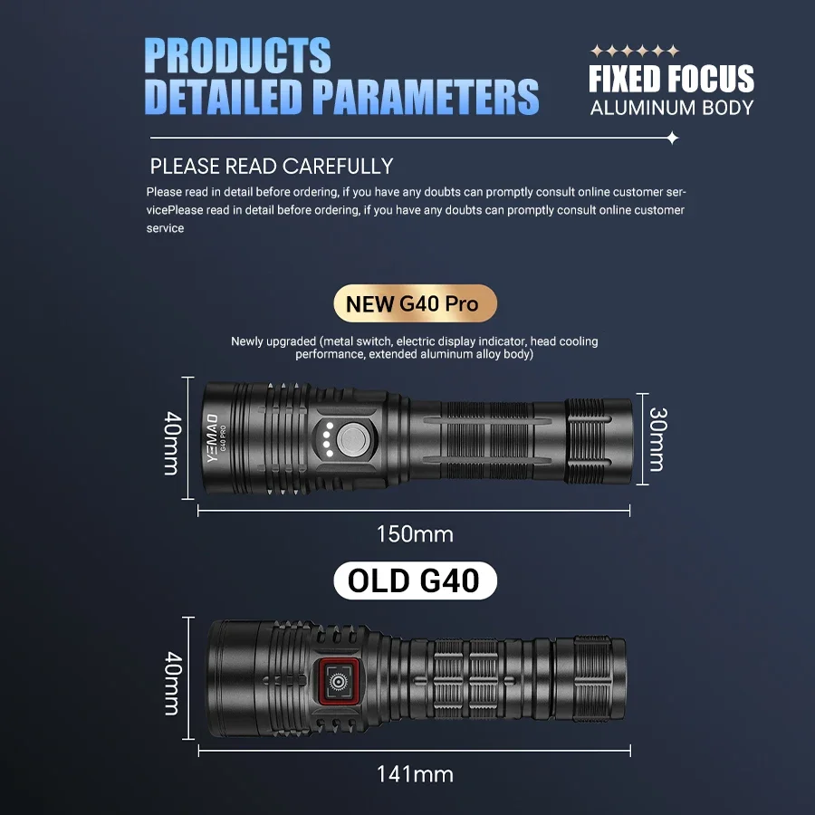 YEMAO G40Pro 2000LM High Power Rechargeable Flashlight, SST40 4000mAh, Aluminum Alloy Built-in Battery Flashlight, For Camping