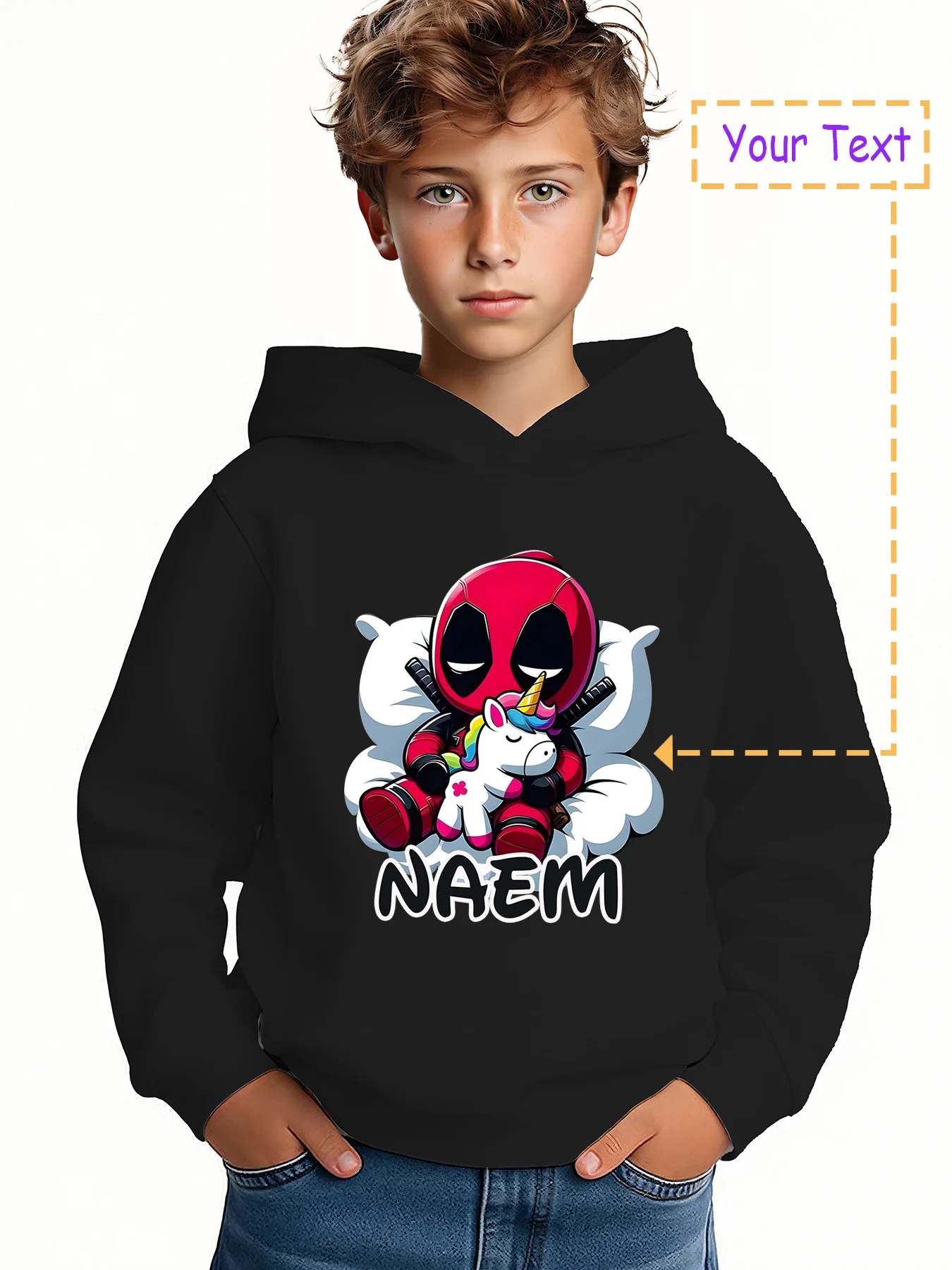 

MINISO Deadpool Cute Unicorn Hoodie - Deadpool hugging a unicorn pattern, funny and cute style, suitable for daily leisure and c