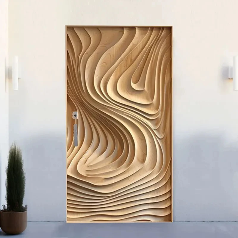 Luxurious Unique 3D Carved Flowing Design Waterproof Modern Exterior Main Entrance Solid Wooden Front Entry Door For Houses
