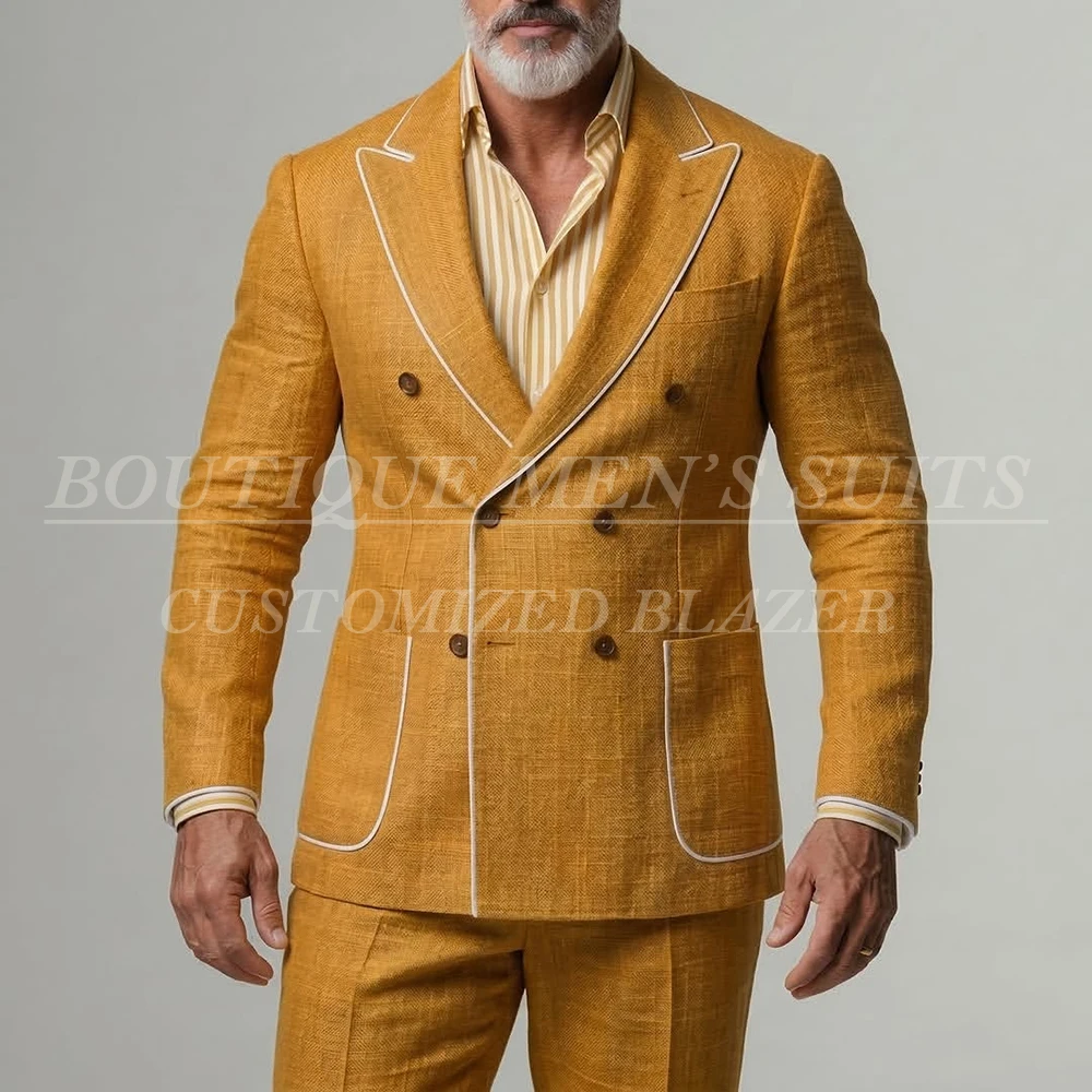 

Casual Men's Suits Linen Blazer Customized Double Breasted Peak Lapel Skinny 2 Piece Jacket Pants Sets Business Outfits Costume