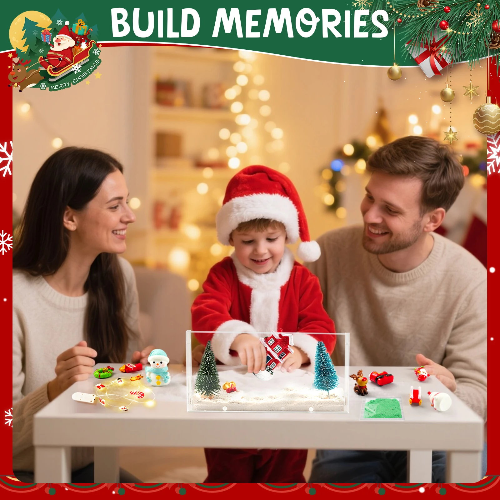 Christmas Sensory Bin Sandbox with Lid, Christmas Sand Art Play Kits Mini Snow Holiday Sensory Sand Kit Xmas Crafts Gift Decor