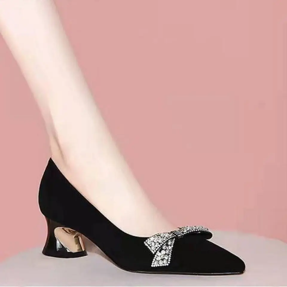 Women\'s Summer Footwear Diamond Shoes for Woman 2024 Evening with Bow Black Pointed Toe Rhinestone Crystals Medium Heels Fashion