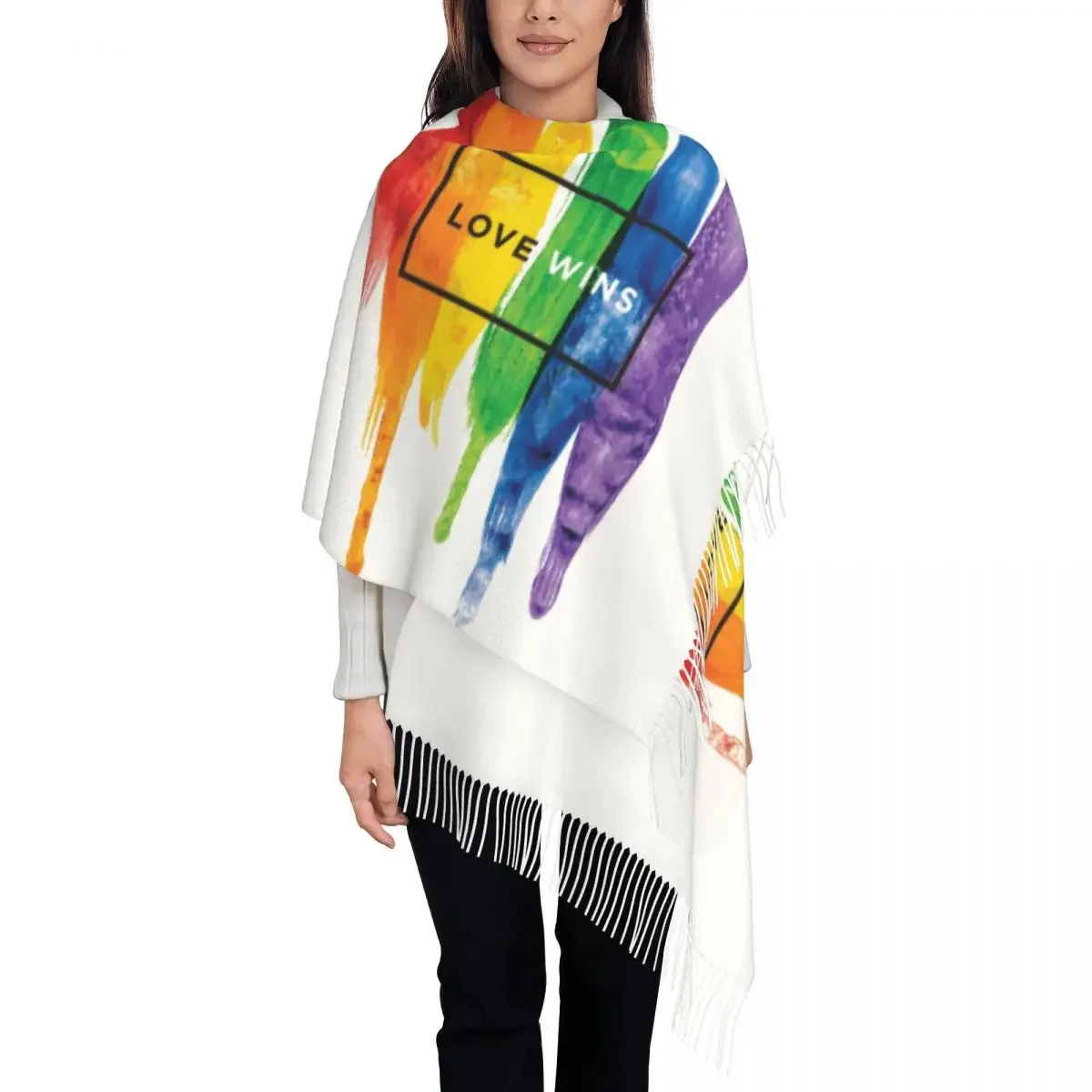 Ladies Long LGBT Love Wins Rainbow Paint GLBT Scarves Women Winter Thick Warm Tassel Shawl Wraps Lesbian Gay Pride Scarf