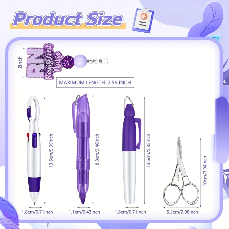 1 set/5 pcs (1 nurse badge reel, 1 permanent marker, 1 retractable ballpoint pen, 1 fluorescent pen, 1 pair of folding scissors)