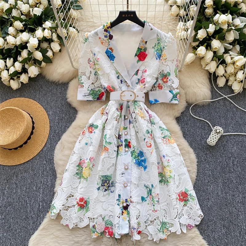 

Luxury Design Flower Printed Lace Hook Short Sleeve Dress for Women Summer Suit Collar Hollowed Out Elegant Medium Length Dress