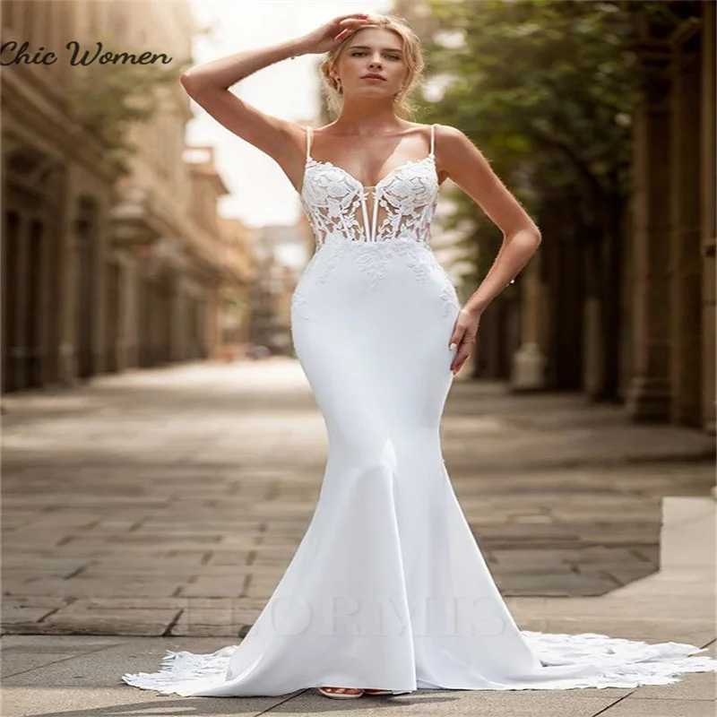 Einfaches weißes Meerjungfrau-Hochzeitskleid, sexy Spitze, Zug, Boho-Brautkleid, Spaghettiträger, böhmischer Garten, Vestio Boda, individuell gestaltet