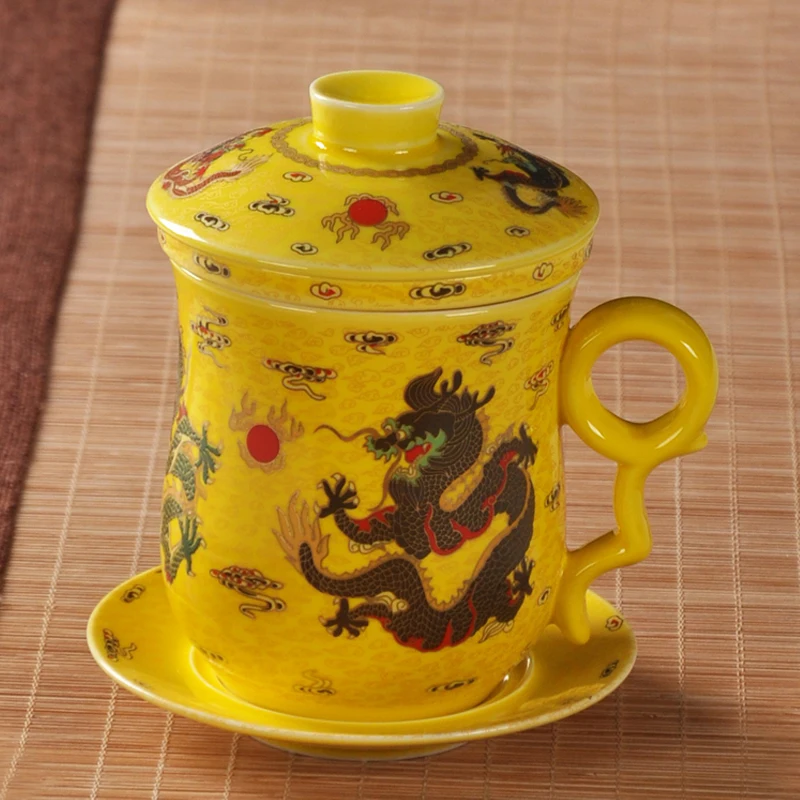 Ceramic Bone Filter with Lid, Office Cup, Personal Bubble Cup Chinese Dragon Cup, 250ml, Jingdezhen