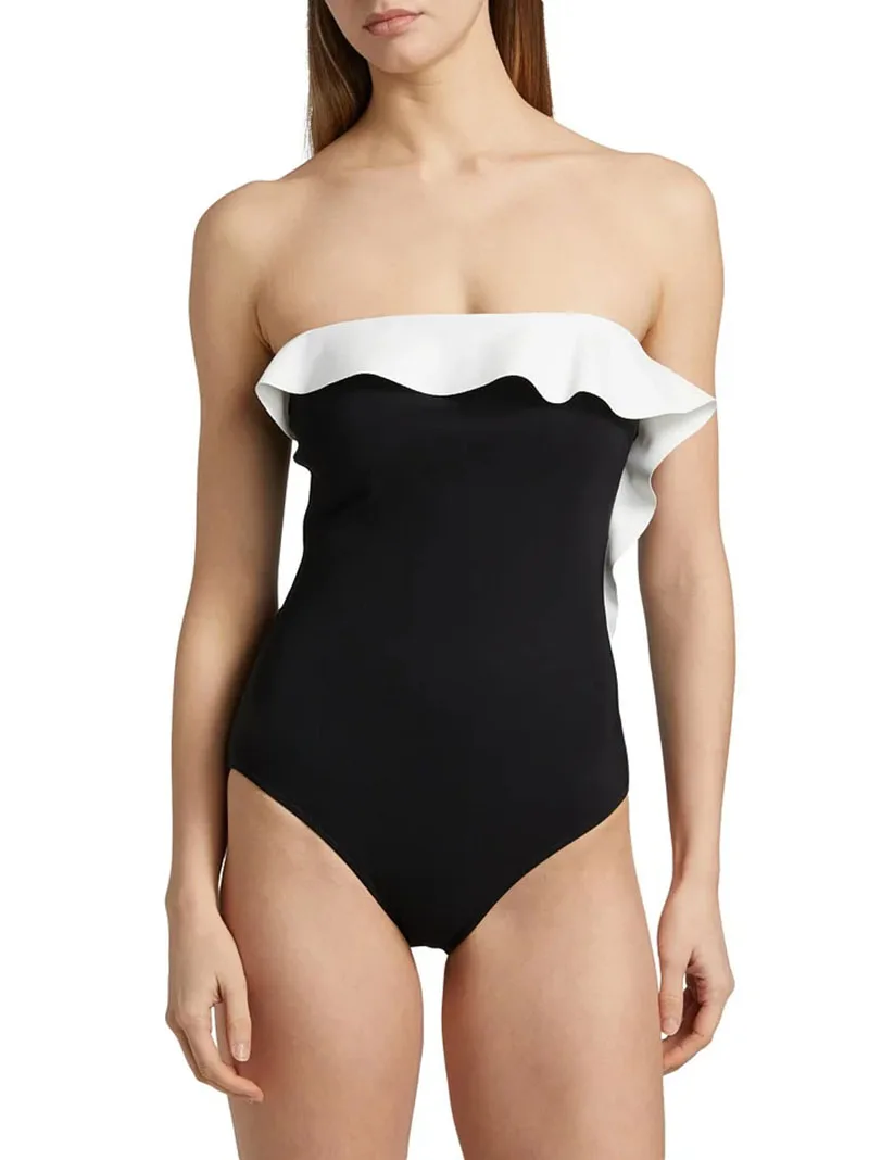 Women's Ruffled One-piece Swimsuit New-Style Off-Shoulder Black White Maxi Dress Beach Vacation Style Summer Holiday Swimwear