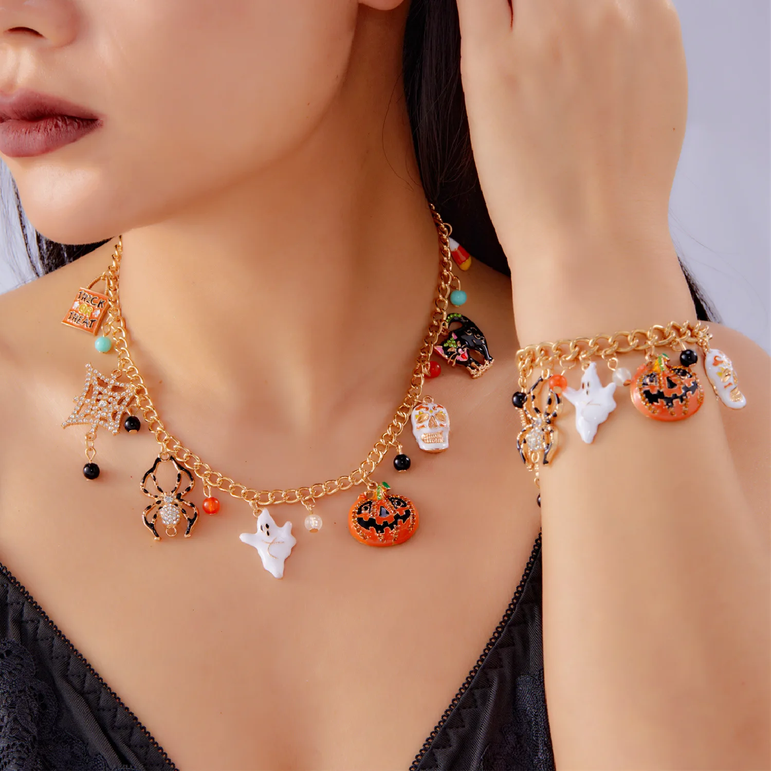 Halloween Pumpkin Spider Skull Necklace Bracelet Creative Ghost Black Cat Diamond Jewelry Set