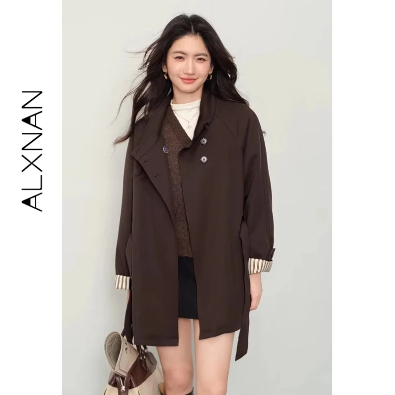 

ALXNAN Brown Trench Coats Turn-down Collar Striped Paneled Belted Waist Coats 2025 Loose-fit Elegant Mid-length Outerwear L57029