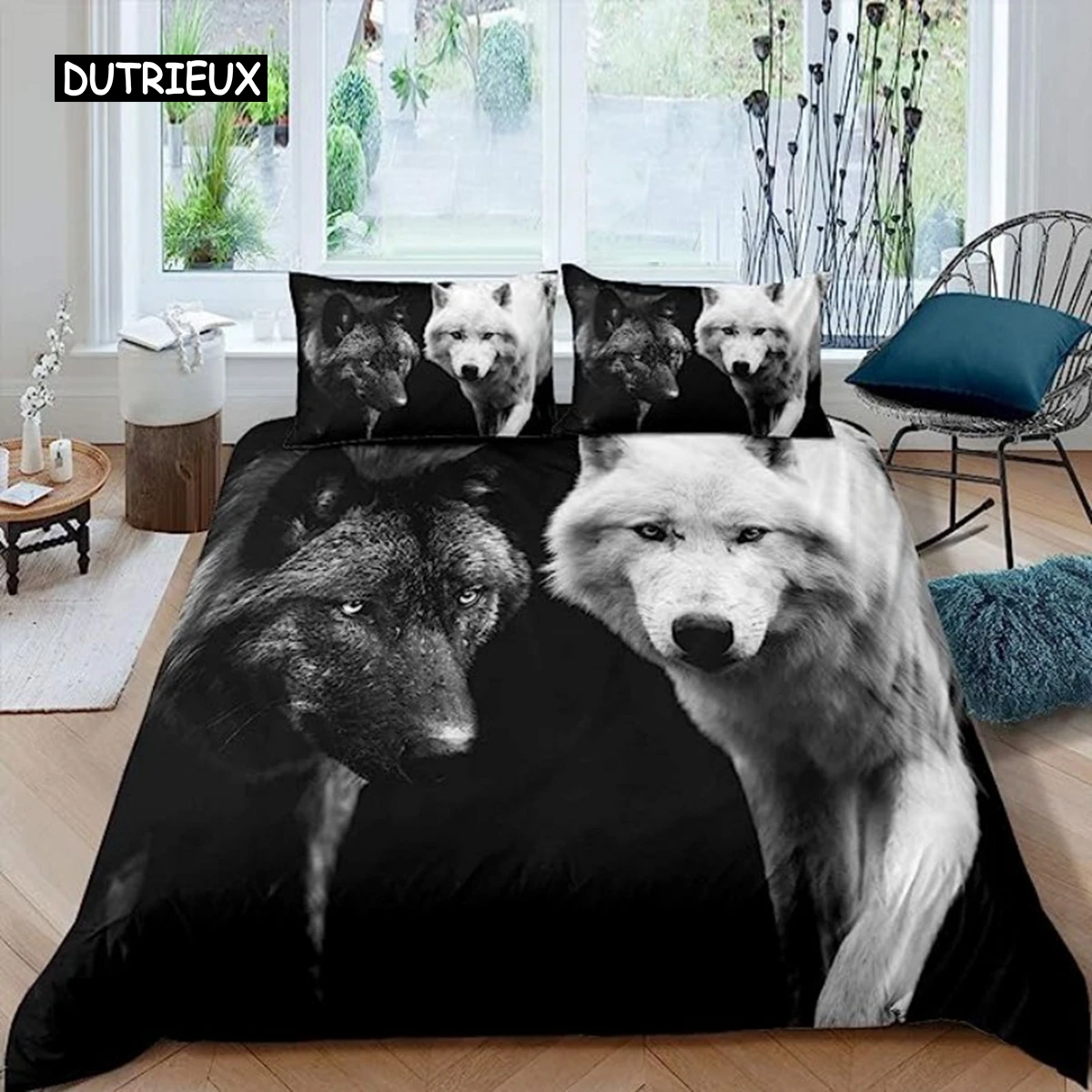 Duvet Cover Black White Wolf Animal 3D Bedding Set for Adult Kids Bedroom Decorations Soft Microfiber Exotic Style Comforter