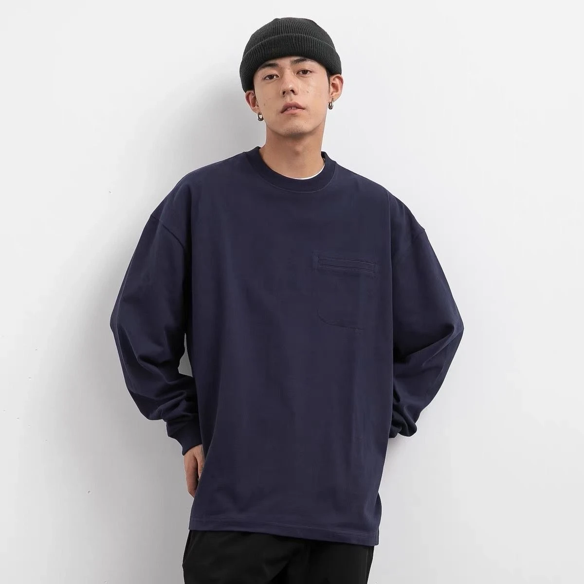 Japanese Style Men Long Sleeve T Shirt Autumn Winter Washed Pocket Solid Color Retro Loose Cotton Couple Inner Layer Base Shirt