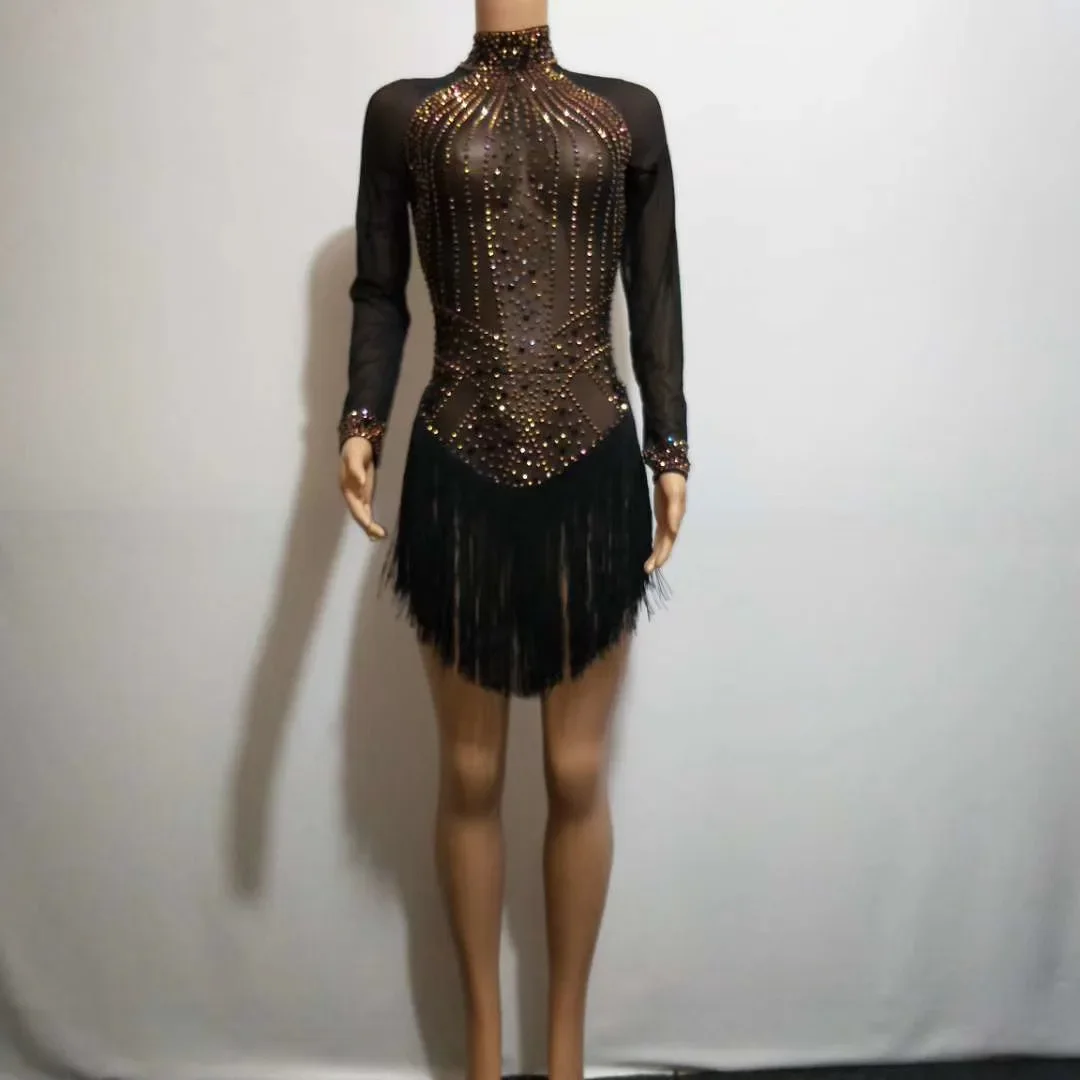 

Gold Rhinestones Black Tassel Bead Women Dress One-Piece Dance Wear Birthday Celebrate Costumes Nightclub Mesh Perspective Dress