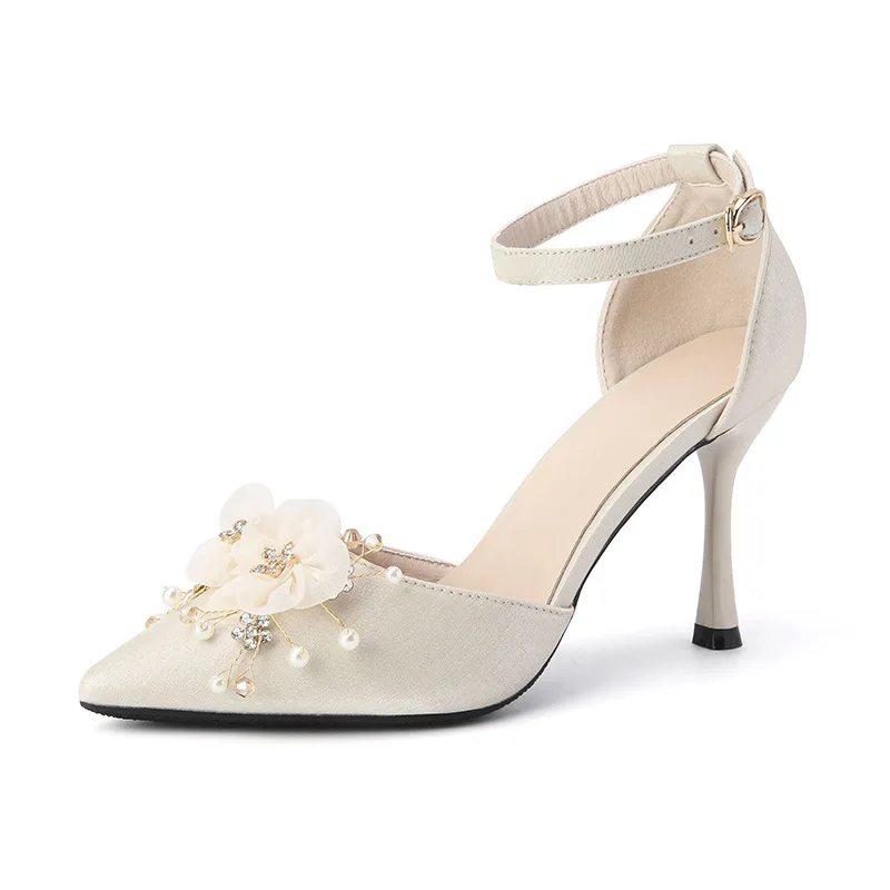 Size 30-44 Pointed Stiletto Heel Plus Size Buckle Wedding Shoes For Bride Shoes With Flowers Beige Color Women Shoes