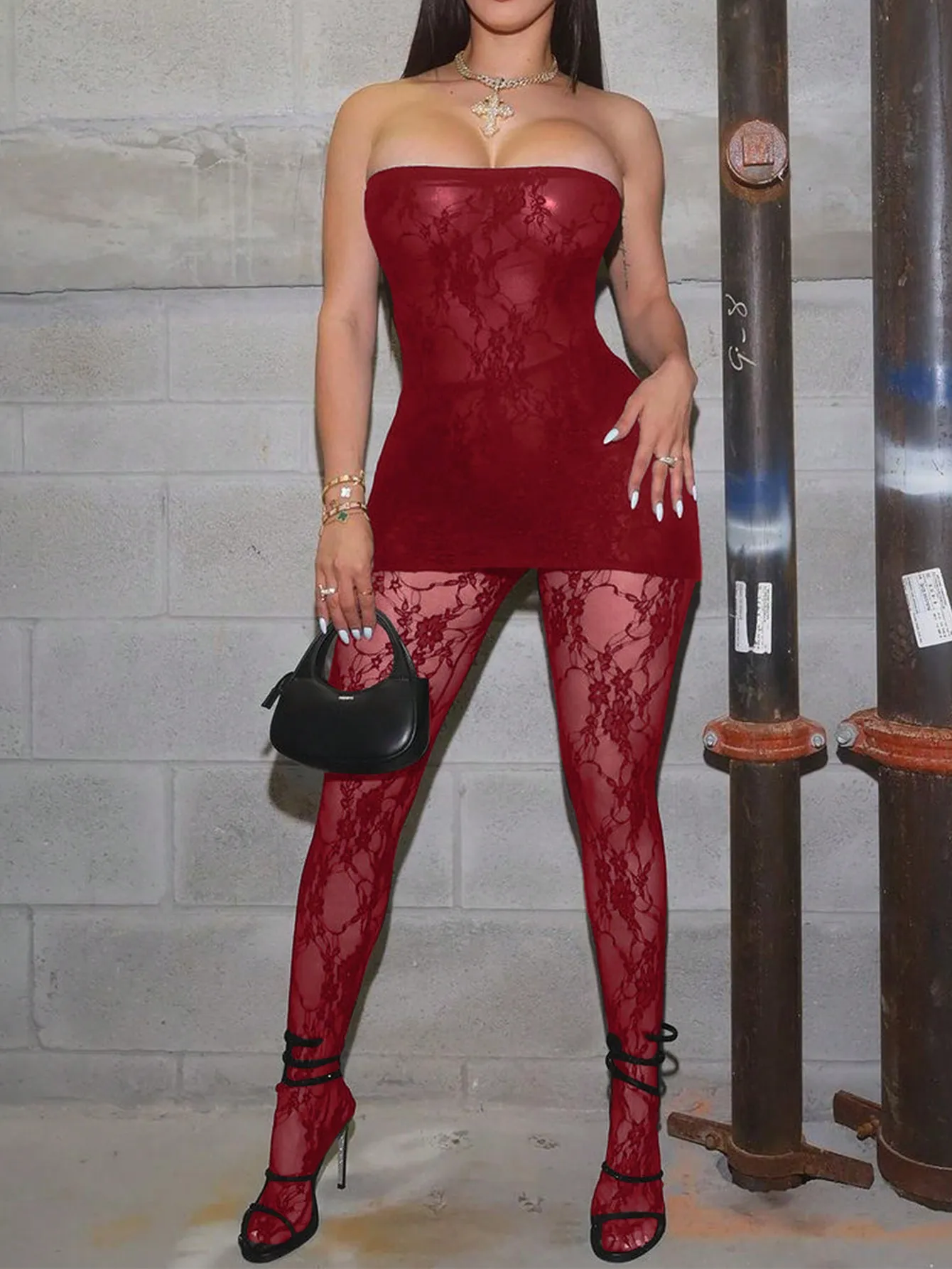 Elegantes, sexy Röhrenoberteil-Spitzenkleid für Damen, Strumpfhose aus reiner Lust-Spitze, schmales zweiteiliges Set,