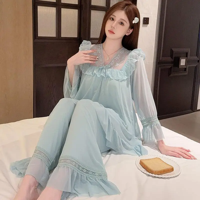 Spring Autumn New Women Simple Light Luxury Fashion Skin Friendly Comfort Mesh Splicing Pajamas Princess Home Furnishing Set