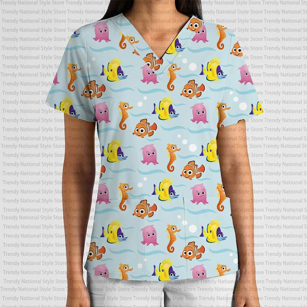 Christmas Disney Princess Cartoon Print V-Neck Pocket Scrub Top Women's Clothing Nursing Clothes Dental Pet Shop T-shirt