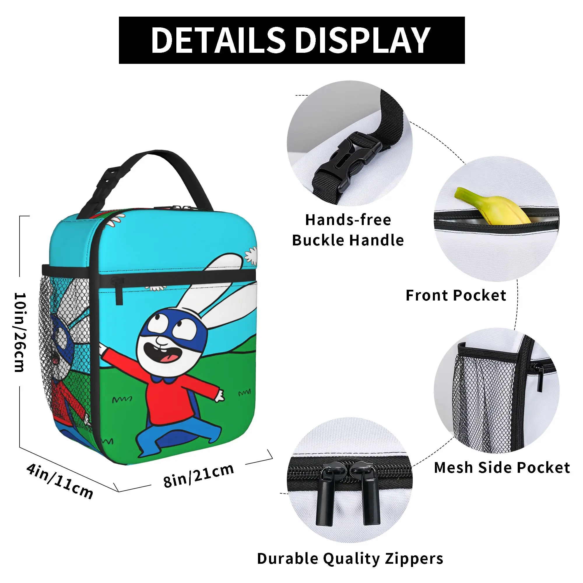 Simon Super Rabbit Lunch Bag, ästhetische Lunchbox, tragbare Tragetasche für Picknick im Freien, Lebensmitteltaschen für Erwachsene, wasserdichte, individuelle Kühltasche – Detail 6