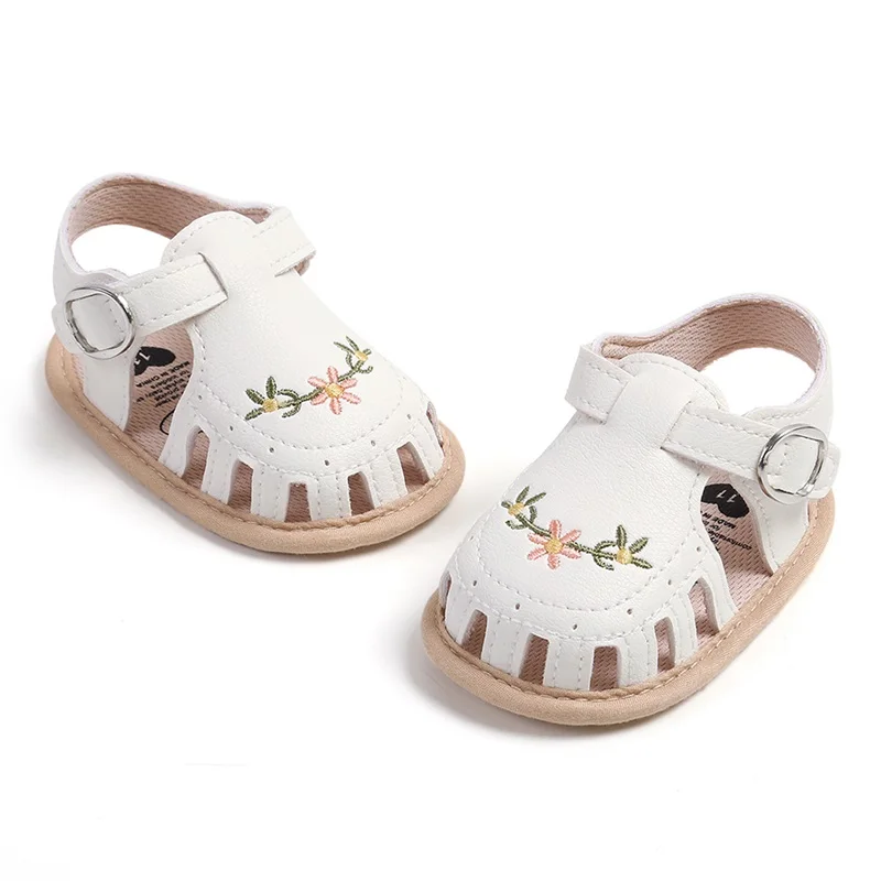 Baby Girl Sandals PU Leather Non-slip Embroidery Flower Summer Flats Toddler Shoes for Casual Daily