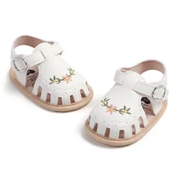 Sandales en cuir PU pour bébés filles, chaussures d'été plates pour tout-petits, brodées de fleurs, décontractées, 03/ALD