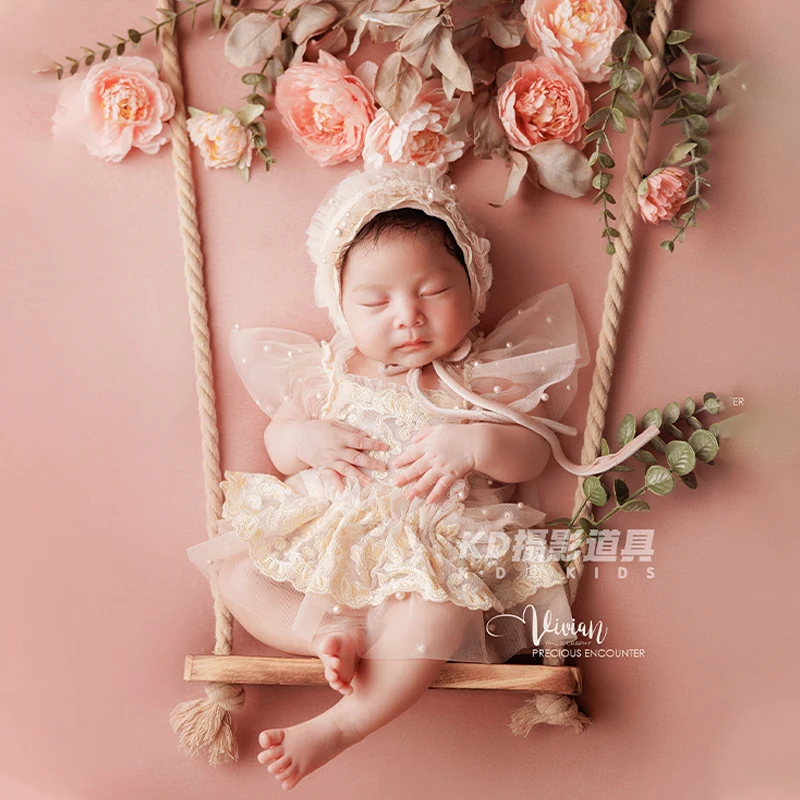 Cute Newborn Photography Props Baby Girl Dress + Simulated Flowers + Swing Props + Head Flower Set Children Studio Photography