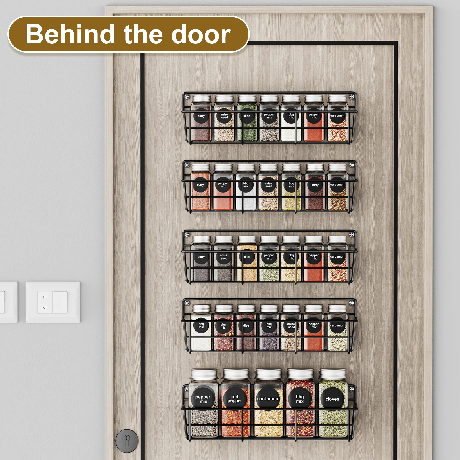 Estantes de cocina montados en la pared, estante de almacenamiento de especias de Metal negro, organizador de condimentos para despensa, ahorro de