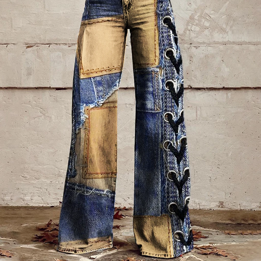 Fashion Women's High Waist Full Cloth Patchwork High Waist Wide Leg Pants Casual Spring Summer Women's Street Casual Trousers