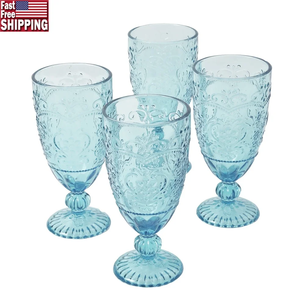 

Teal Goblet Set of 4 Vintage Inspired Glasses Elegant Stems Dishwasher Safe Durable Drinkware Classic Dinnerware Collection