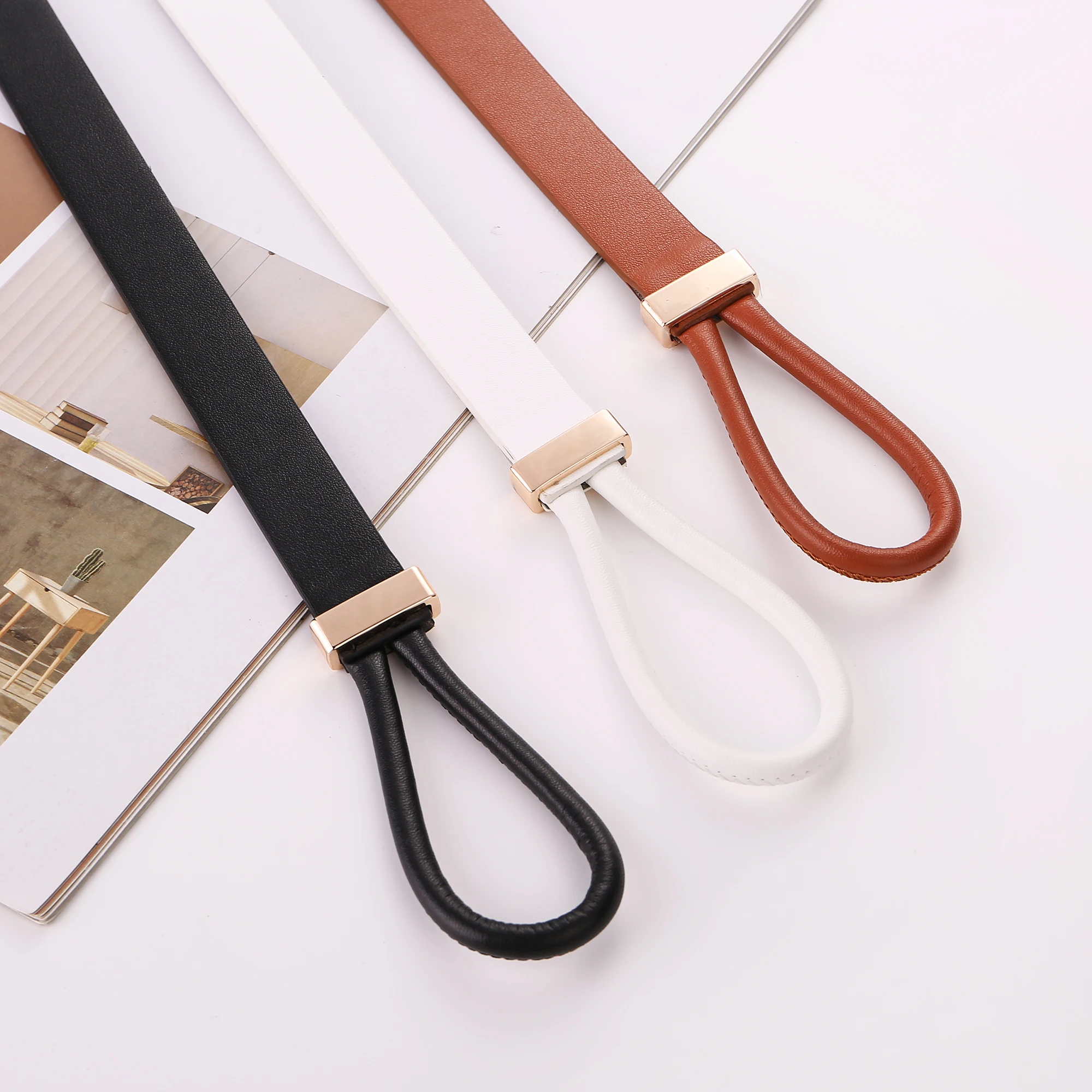 No Buckle Leather Skinny Waist Belt For Women Dresses Girls Fashion Self-Tie Waistband Versatile Knotted Decoration Small Belts