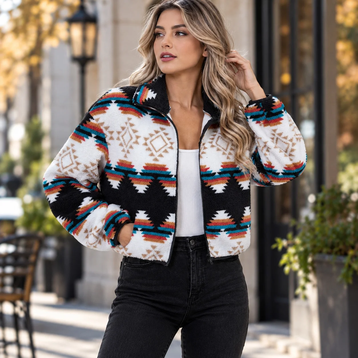 Zipper Printed Top Cropped with Geometric Pattern Elegant Commuter Straight Fit Regular Thickness No Hood Women Autumn Jacket