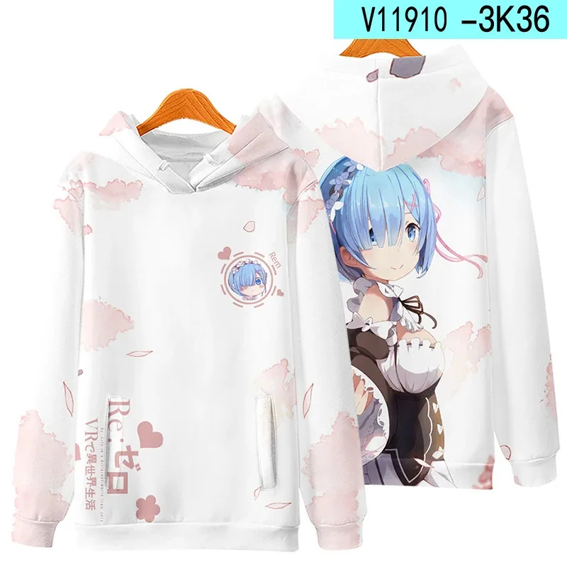 3D Re Zero Cosplay Hoodie Anime Emiria Print Sweatshirt Rem and Ram Tracksuit Men Women Streetwear Clothes view 5