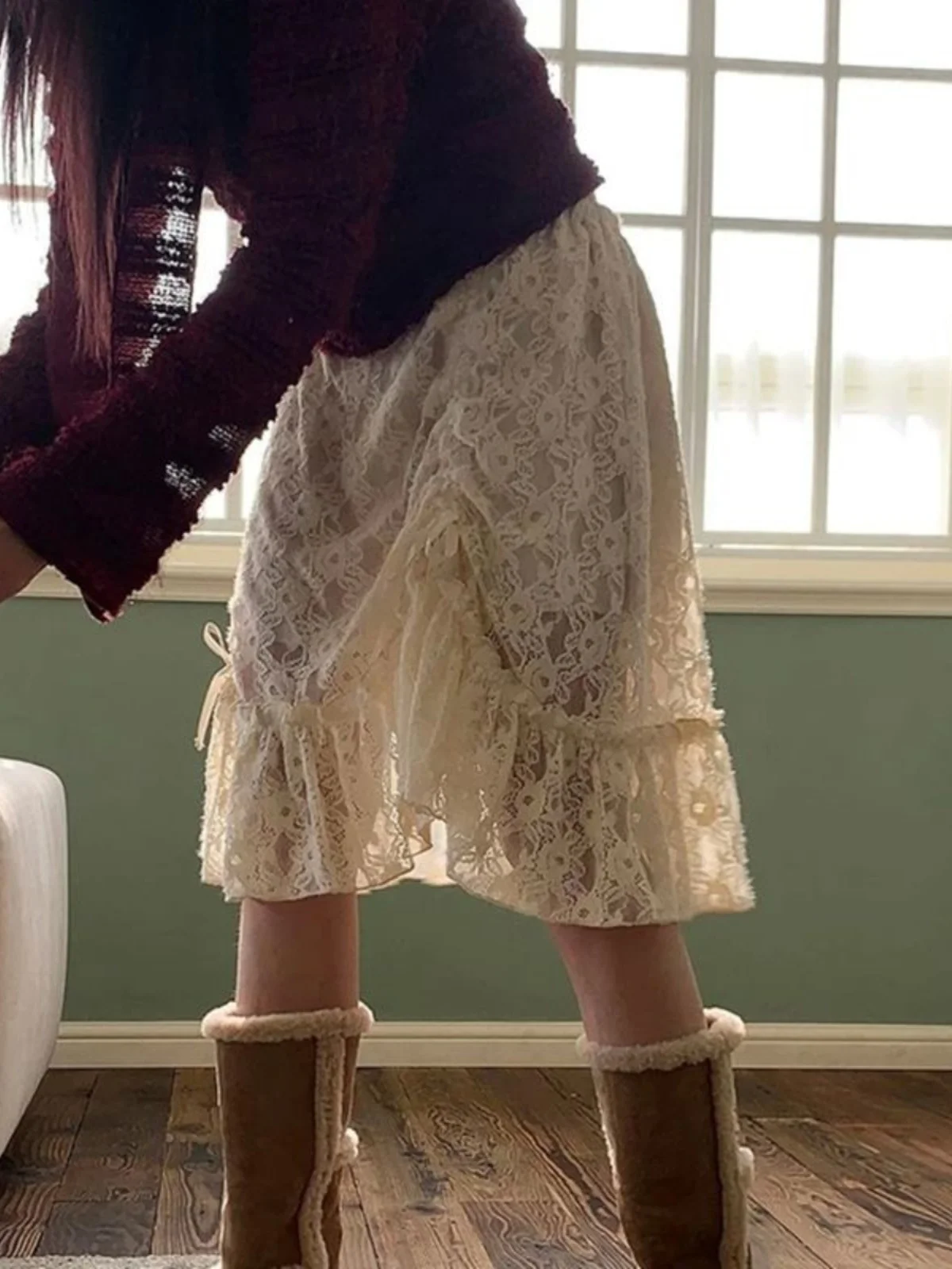 กระโปรงเอวต่ำ ผ้าโพลีเอสเตอร์ แต่งระบายลูกไม้สไตล์วินเทจ สำหรับผู้หญิงอายุ 8-24 ปี