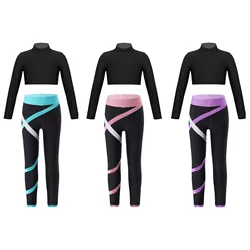 Kids Girls Sports Wear Long Sleeves Stretchy Skinny Crop Tops with Colorblock Leggings Set for Gym Yoga Figure Skating Workout