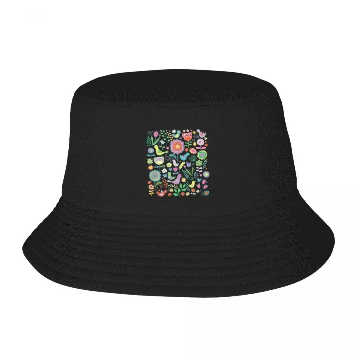 2025 New Birds And Blooms - Pastels On Black - Pretty Floral Bird Pattern By Cecca Designs Bucket Hat Black Men Wear Women's