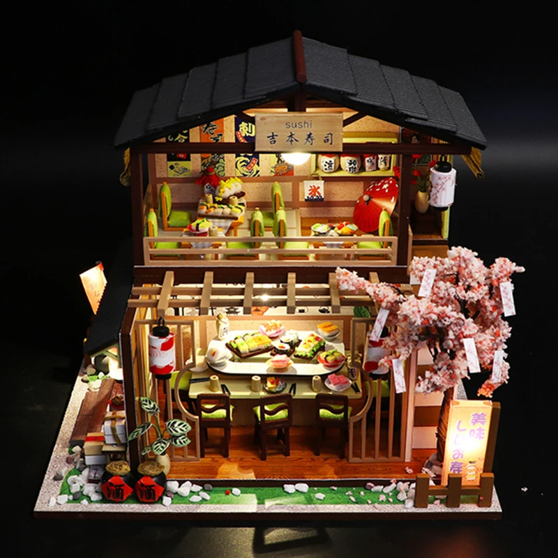 DIY Houten Miniatuur Model Kit Japanse Sushi Winkel Casa Poppenhuizen 3D Puzzel Poppenhuis Met Meubelverlichting voor Vrienden Geschenken